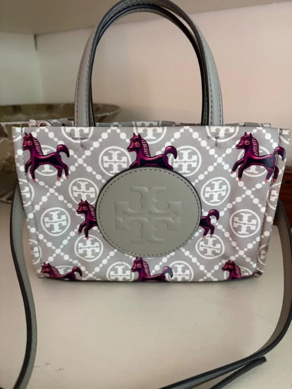 Tory Burch Mini Ella Horse Tote Crossbody Gray & Magenta
